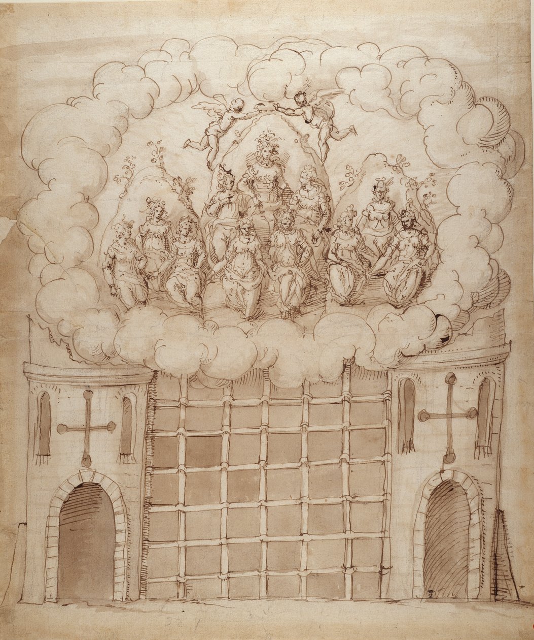 The Release of the Daughters of the Morn, ca. 1611 (pen og blæk på papir) af Inigo Jones