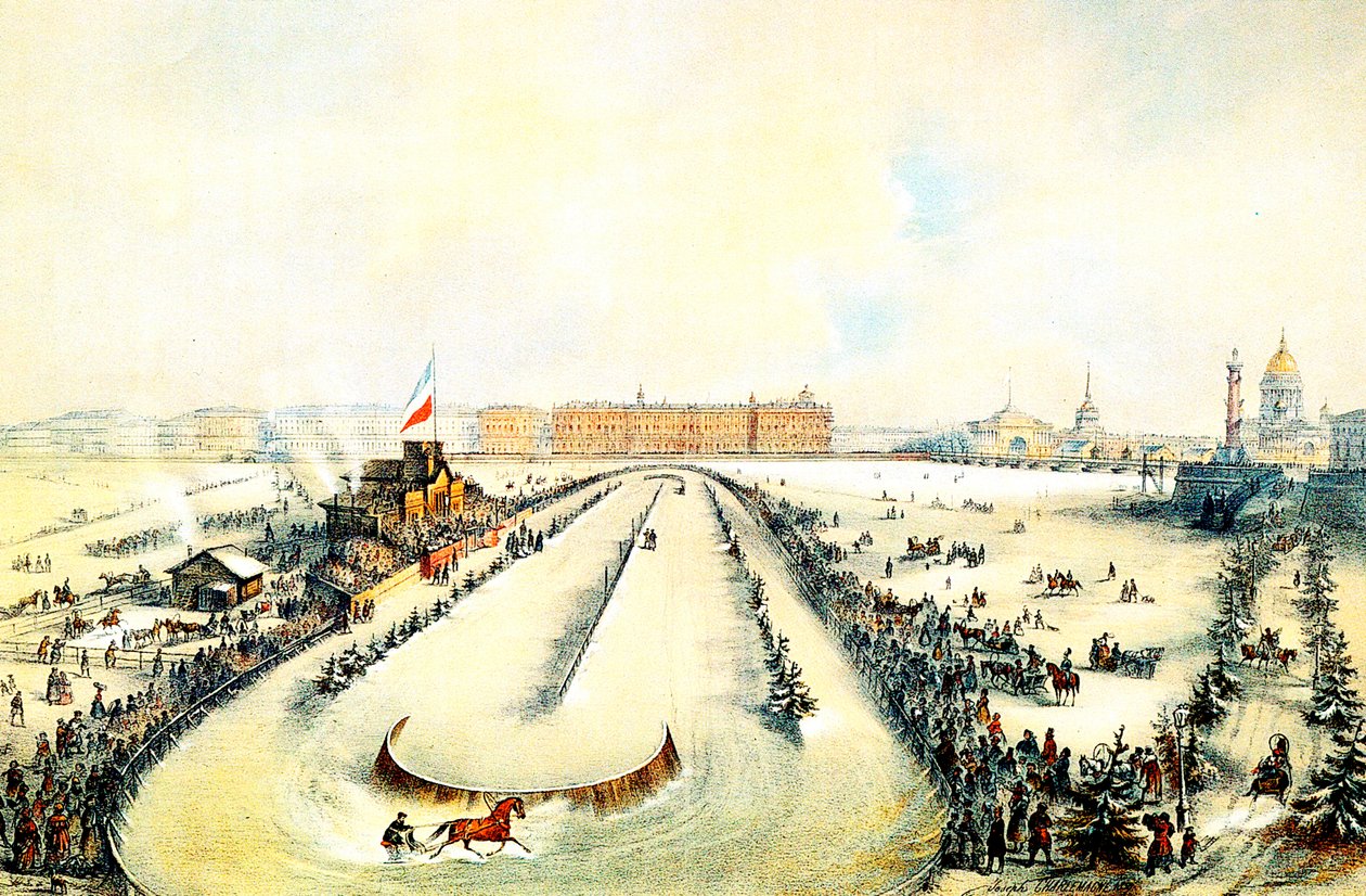 Hestevæddeløb på den frosne Neva-flod i Skt. Petersborg, Rusland, 1859. af Iosif Adolfovich Charlemagne