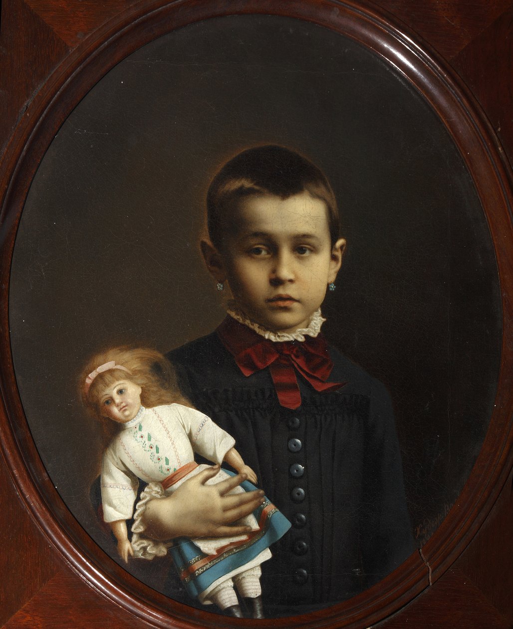 Portræt af en pige med en dukke i hånden af Volkov, Iosif Petrovich (1854-efter 1897). Olie på lærred af Iosif Petrovich Volkov