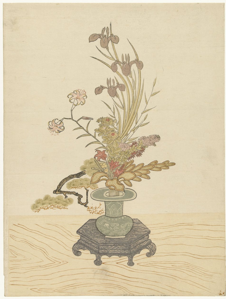 Ikebana blomsterarrangement i grøn vase af Ippitsusai Bunchô (manner of)