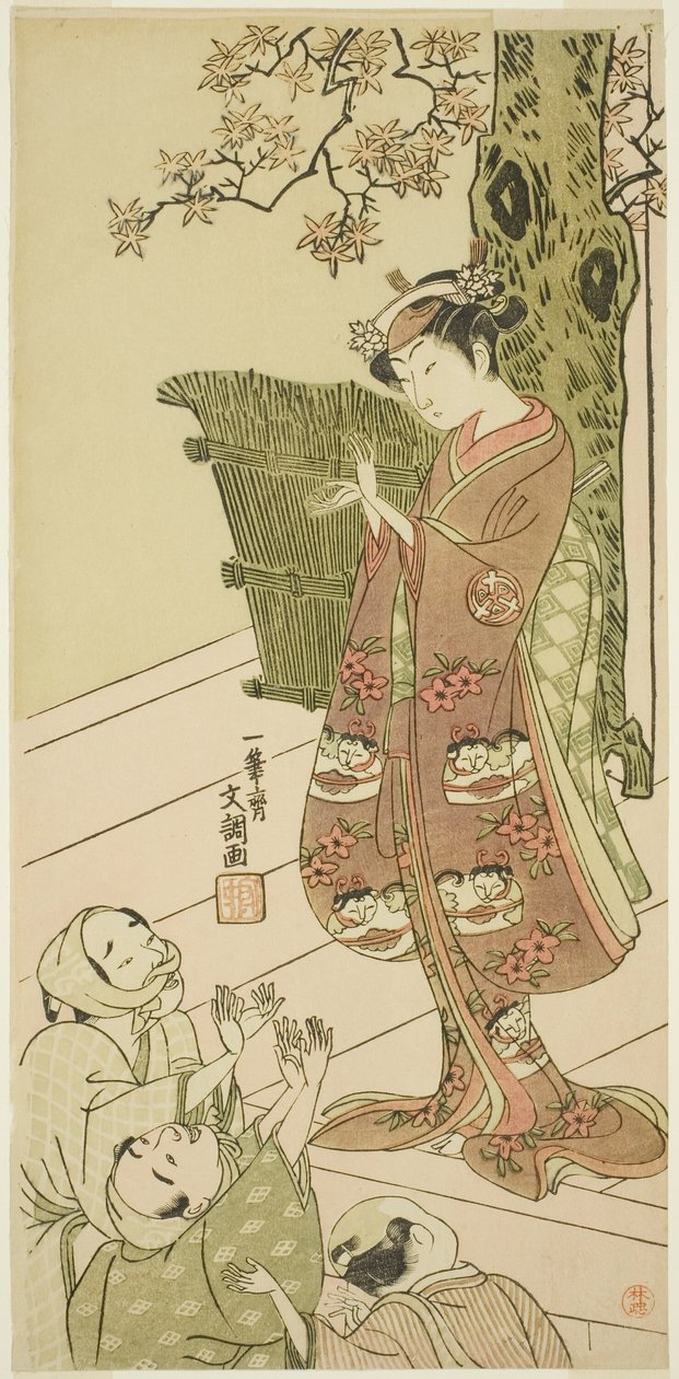 Skuespilleren Arashi Hinaji I, muligvis som Yuya Gozen i skuespillet Ima o Sakari Suehiro Genji (Genji-klanen nu i sin top), opført på Nakamura Theatre fra den første dag i den ellevte måned, 1768 af Ippitsusai Bunchō