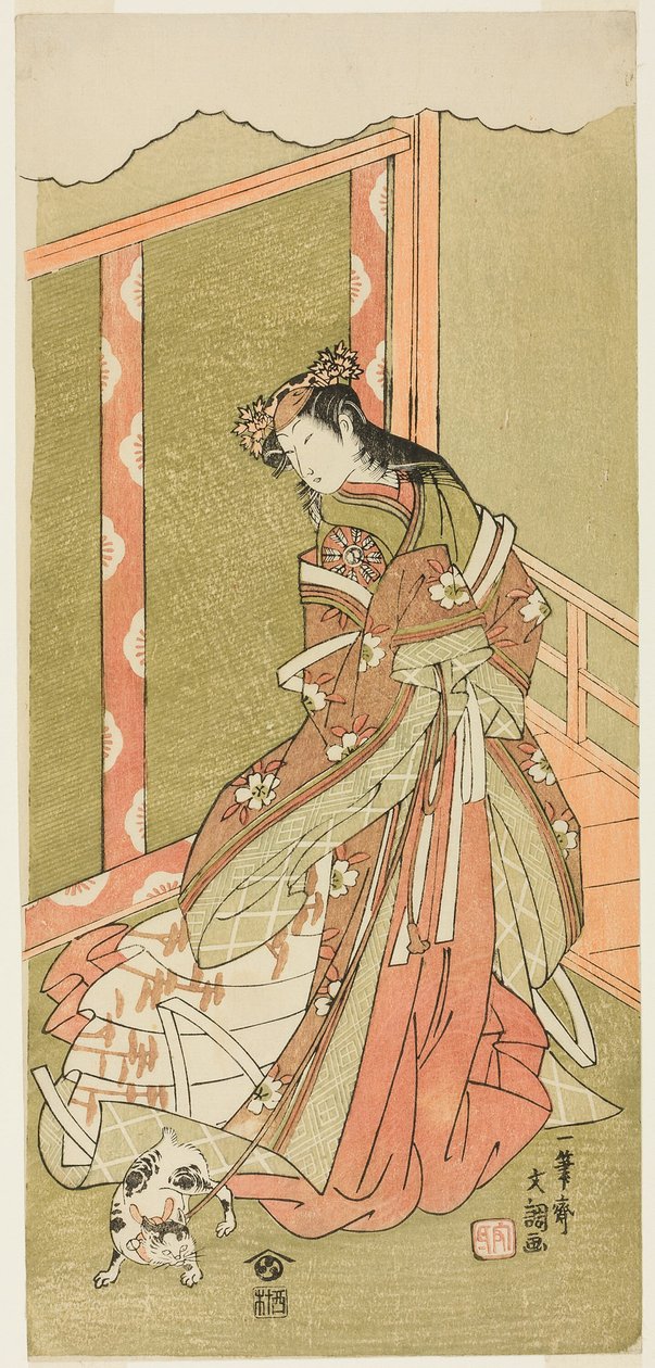 Skuespilleren Nakamura Noshio I som den tredje prinsesse (Nyosan no Miya) i stykket Fuki Kaete Tsuki mo Yoshiwara (Rethatched Roof: The Moon also Shines Over the Yoshiwara Pleasure District), opført på Morita Theatre fra den første dag i den ellevte ma. af Ippitsusai Bunchō