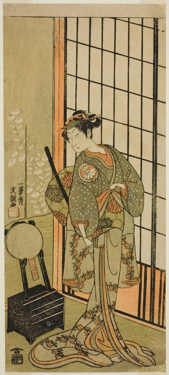 Skuespilleren Segawa Kikunojo II som prinsesse Hitomaru (Hitormaru Hime) (?) i Play Soga Moyo Aigo no Wakamatsu (?), opført på Nakamura Theatre (?) i den første måned, 1769 (?) af Ippitsusai Bunchō