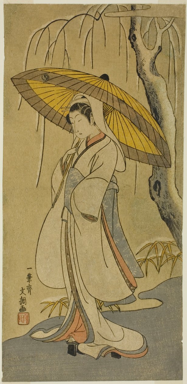 Skuespilleren Segawa Kikunojo II som Heron Maiden i stykket "Cotton Wadding of Izu Protecting the Matrimonial Chrysanthemums (Myoto-giku Izu no Kisewata)" opført på Ichimura Theatre fra den første dag i den ellevte måned, 1770 af Ippitsusai Bunchō