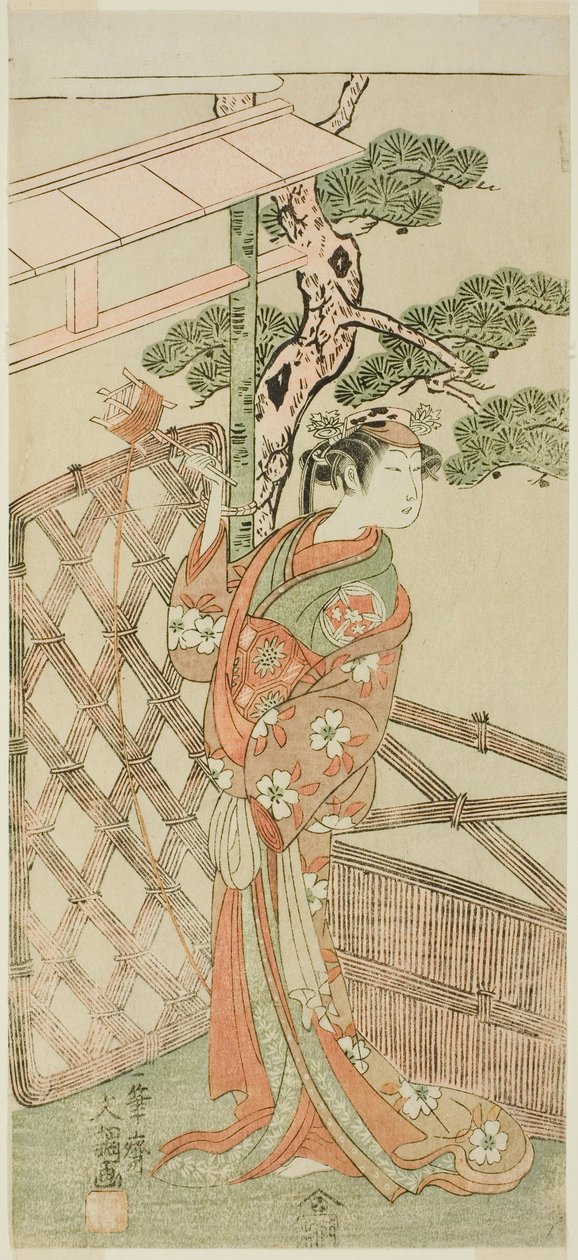 Skuespilleren Yamashita Kinsaku II som Moshio, Ito Sukekiyos hustru, i skuespillet Izu-goyomi Shibai no Ganjitsu, opført på Morita Theatre i den ellevte måned, 1772 af Ippitsusai Bunchō