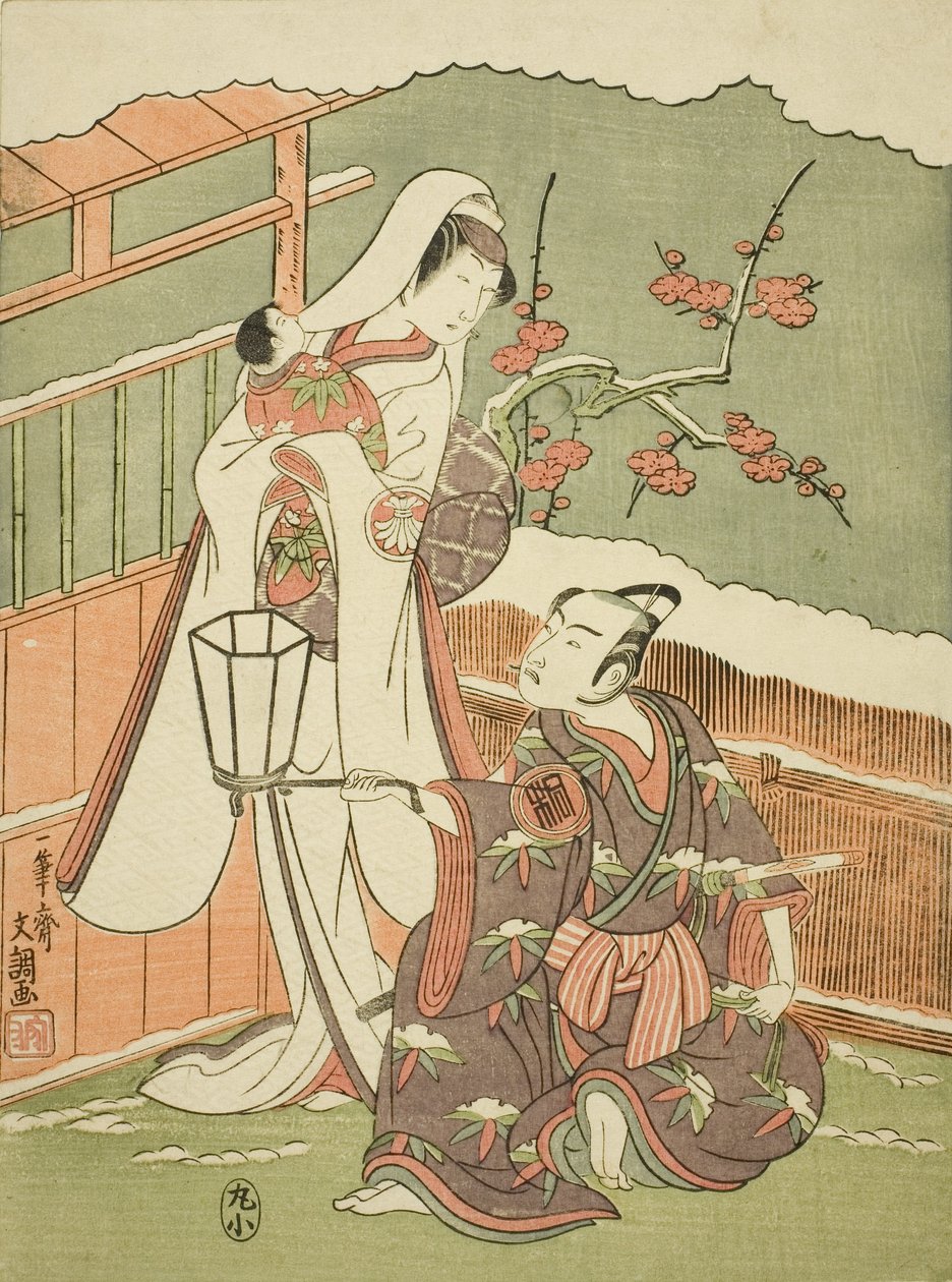 Skuespillerne Arashi Sangoro II som Minamoto no Yoritomo forklædt som hattemageren af Ippitsusai Bunchō