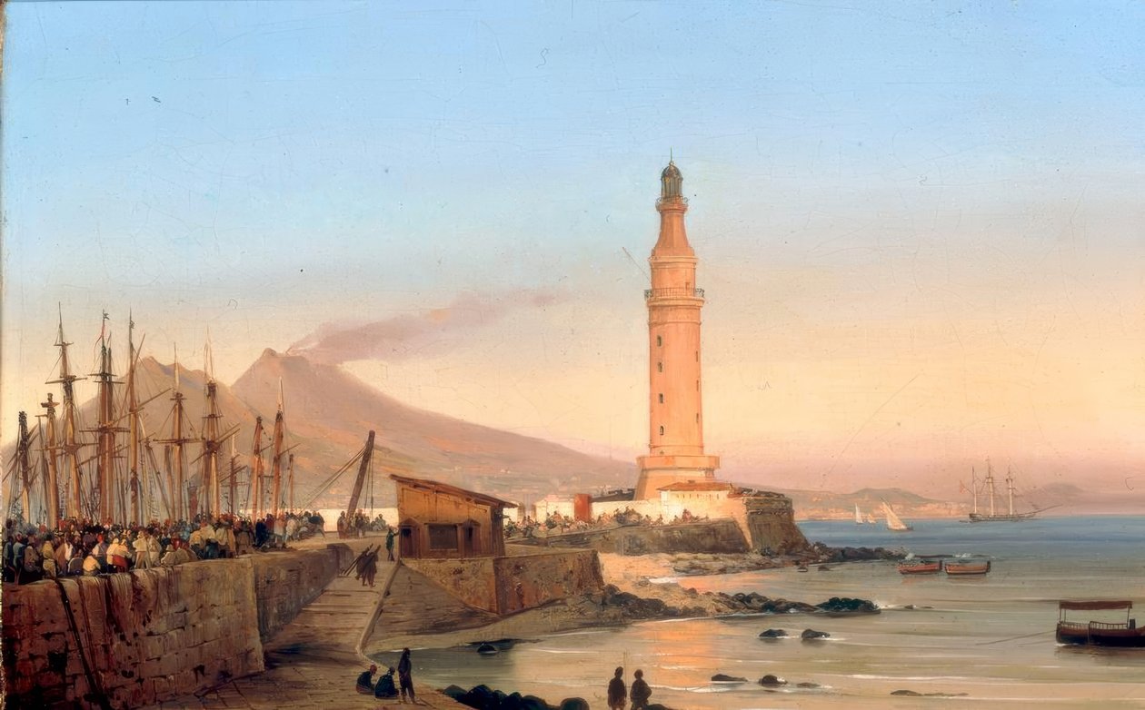 Udsigt over Santa Lucia fyrtårnet i Napoli af Ippolito Caffi