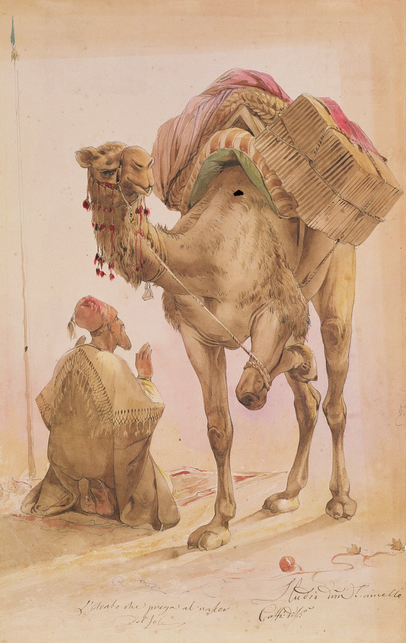 Bedende araber med en sikret kamel af Ippolito Caffi