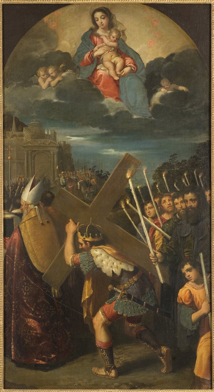 Heraclius I (vers 575-641) rapporte la Vraie Croix a Jerusalem - Kejser Heraclius returnerer det sande kors til Jerusalem, af Scarsellino (Scarsella), Ippolito (1551-1620). Olie på lærred. Mål: 181x101 cm. Nationalmuseum Stockholm af Ippolito Scarsella
