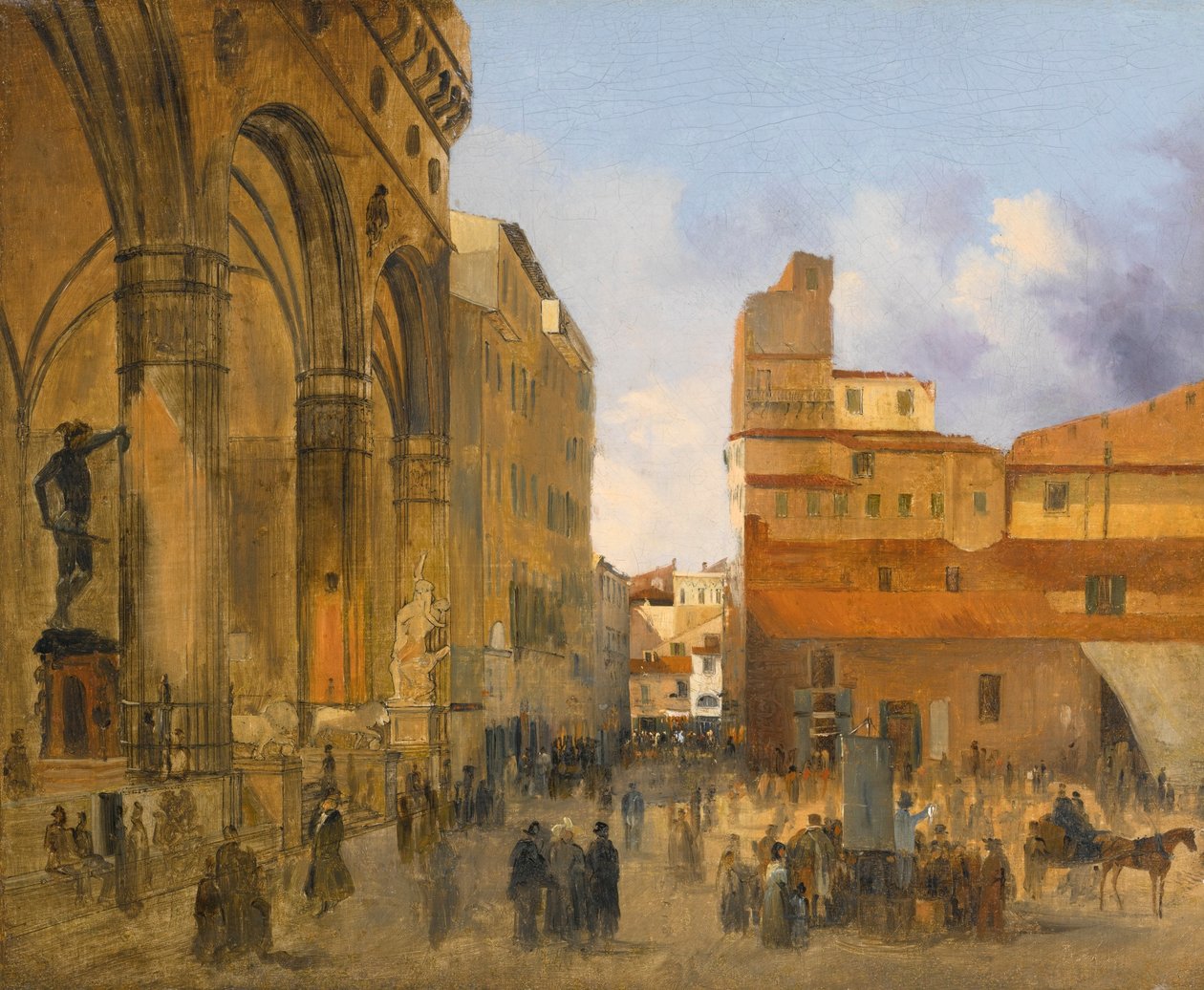 Firenze, udsigt over Piazza della Signoria med Loggia dei Lanzi til venstre af Ippolito Caffi