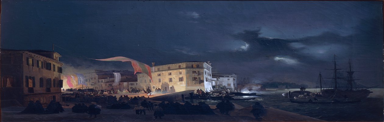 Italien, Natfestival i San Pietro di Castello, en ø i Venedigs lagune af Ippolito Caffi, olie på lærred, af Ippolito Caffi
