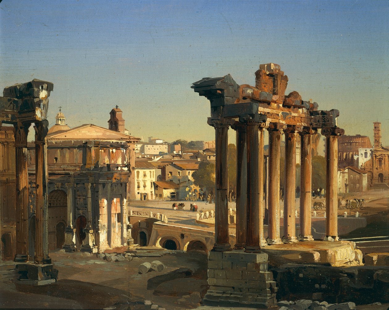 Italien, Rom, Udsigt over de romerske fora med Vespasian-templet, Septimius Severus-buen og Saturn-templet af Ippolito Caffi af Ippolito Caffi