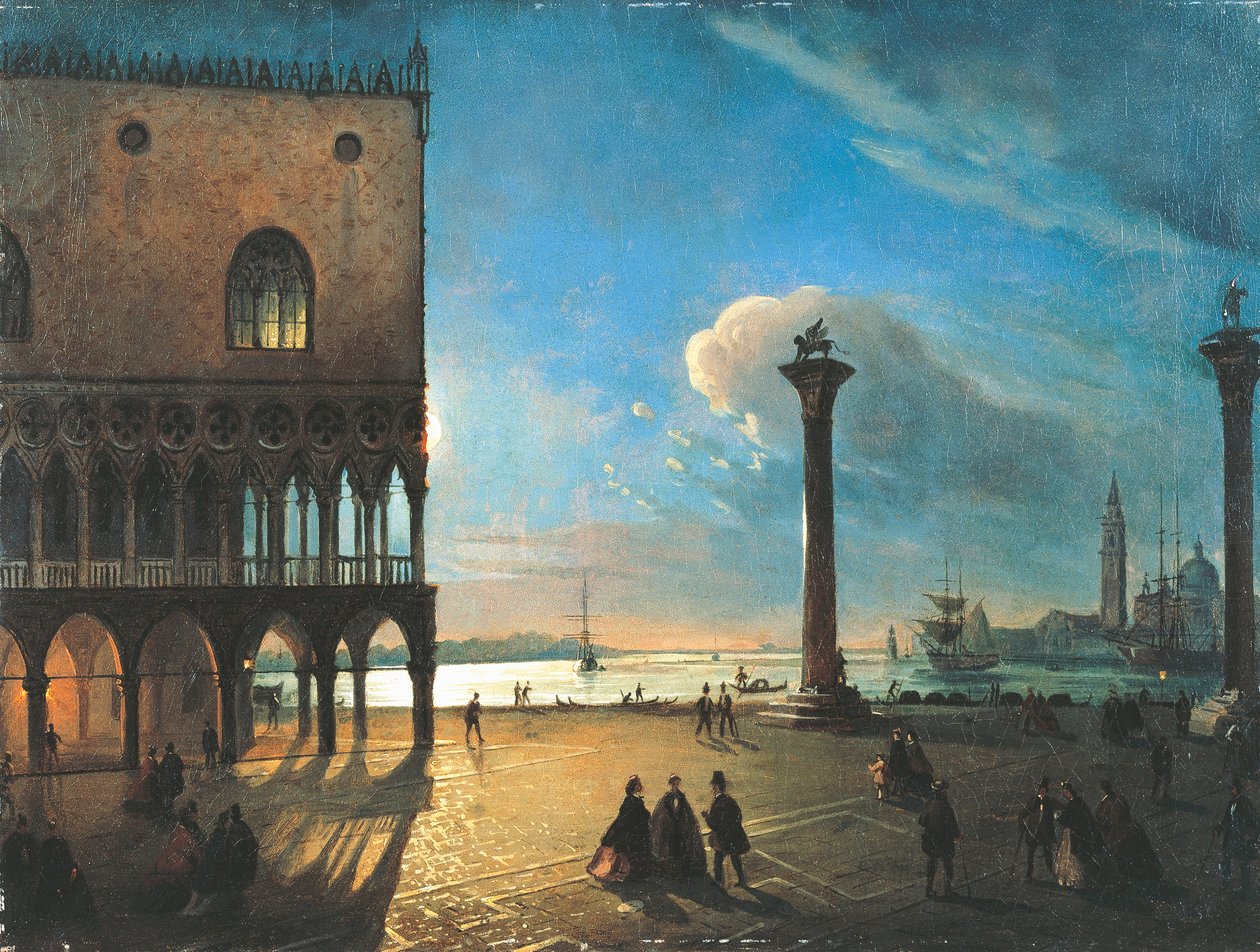 Piazzetta San Marco i måneskin, Venedig, af Ippolito Caffi (1809-1866), olie på lærred, 52x70 cm af Ippolito Caffi