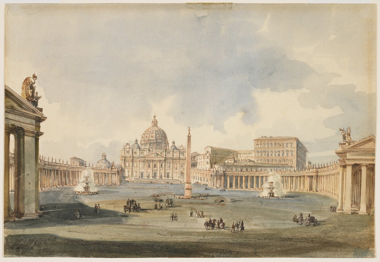 Udsigt over Peterspladsen og basilikaen i Rom, ca. 1846 af Ippolito Caffi