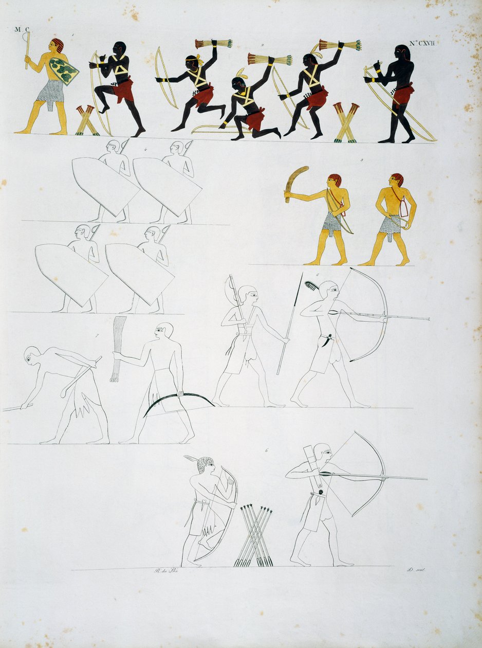 Militære scener, soldater med bue og pile, fra Beni Hasans grave, plade CXVIII, fra monumenter i Egypten og Nubien: civile monumenter af Ippolito Rosellini