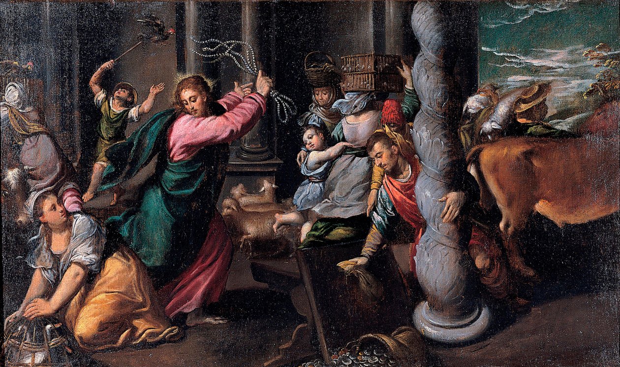 Le Christ chassant les marchands du temple - Kristus driver pengelångiverne fra templet - Maleri af Ippolito Scarsellino (Scarsella) (1551-1620), Olie på lærred 1580-1585 (68x116 cm) - Musei Capitolini, Rom af Ippolito Scarcella