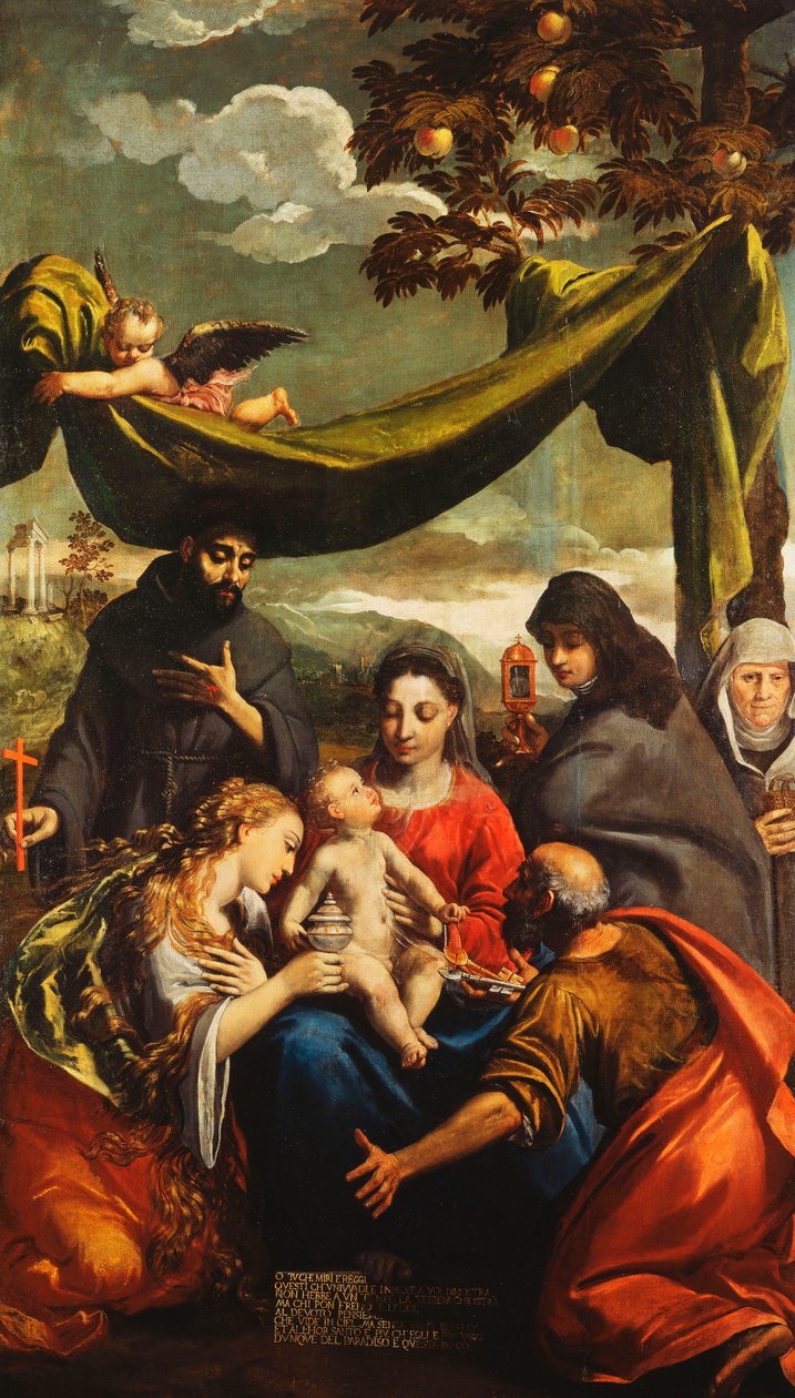 Madonnaen og barnet med de hellige Mary Magdalene, Peter, Clare og Francis og et portræt af abbedissen af Ippolito Scarsella