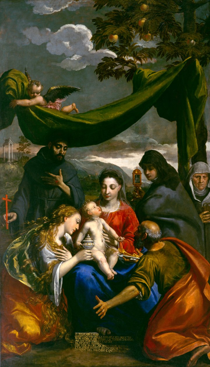 Jomfru og barn med de hellige Maria Magdalena, Peter, Klara, Frans og en abbedisse, ca. 1600 af Ippolito Scarsella
