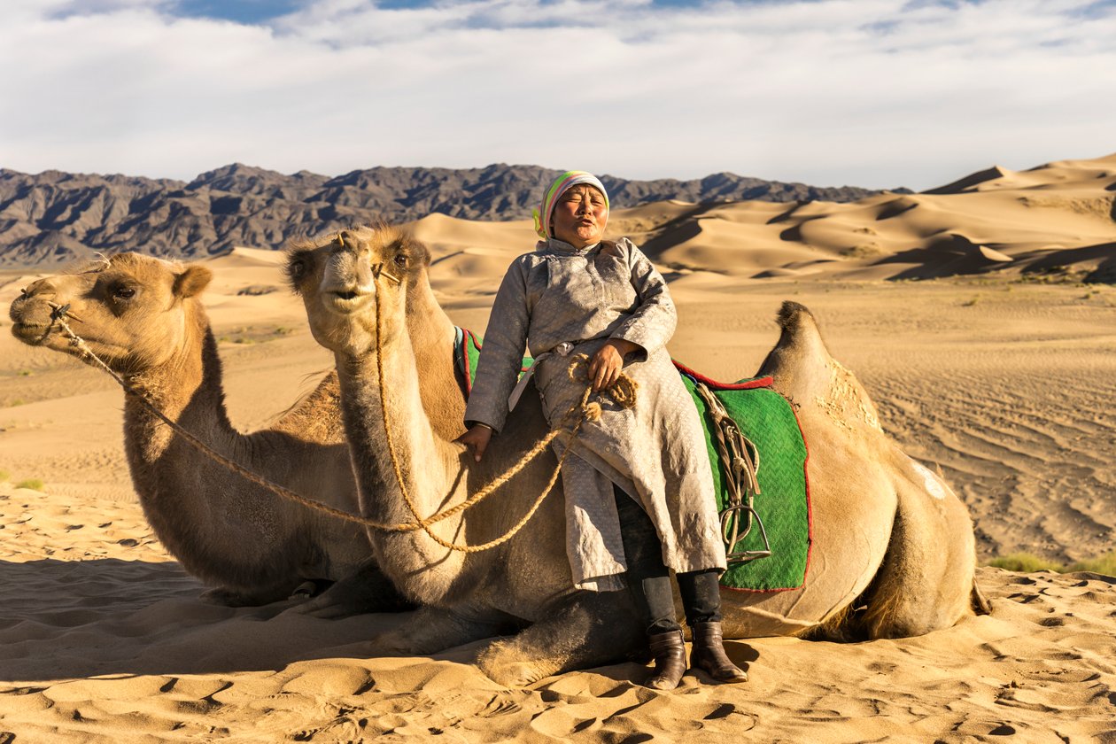 En kvinde tager et hvil med kameler i den sydlige Gobi-ørken, Mongoliet, 2015 (foto) af Ira Block