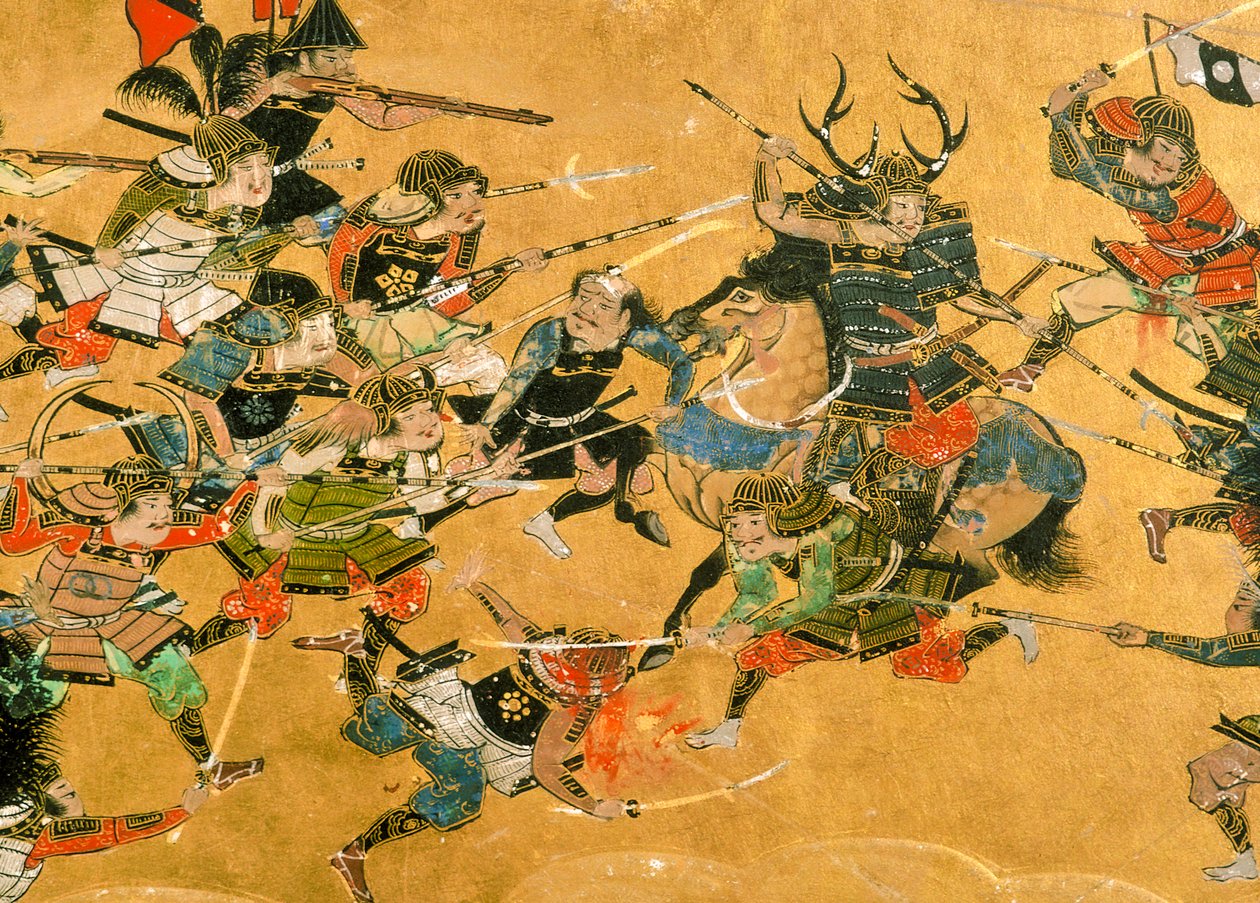 De to midterste paneler forestiller scener fra slaget ved Osaka, Japan, 2005 (foto) af Ira Block