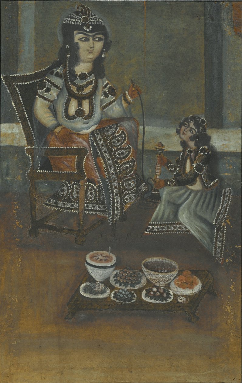 Kvindelig ledsager tilbyder en vandpibe til en prinsesse, der sidder på en trone (olie på lærred, monteret på panel) af Iranian School