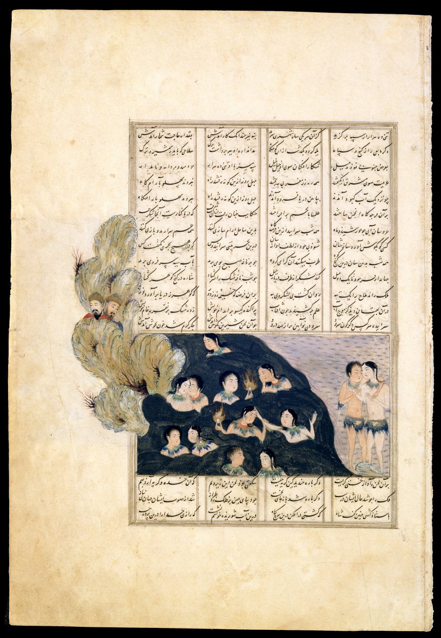 Iskander ser på sirenerne. Manuskriptbelysning fra episke Iskandar-nameh af Iranian Master