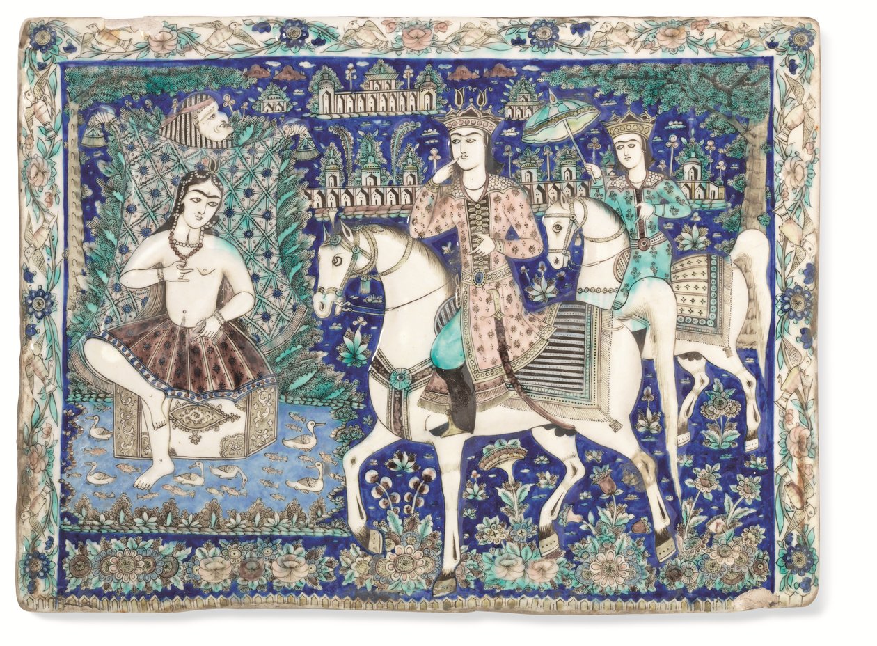 En stor Qajar støbt og glaseret flise, Qajar Iran af Iranian School