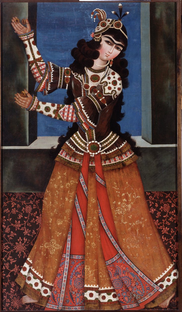 Danser med kastanetter - Maleri af en iransk mester, olie på lærred (158x90 cm), begyndelsen af ​​1800-tallet - Dansende pige med kastanjetter, Olie på lærred af en iransk mester, begyndelsen af ​​det 19. århundrede - State Hermitage, Skt. Petersborg af Iranian School