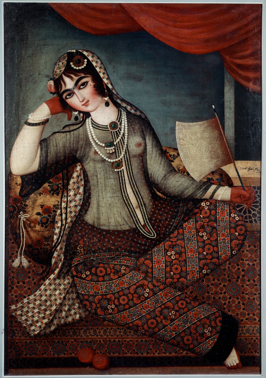 Iransk kunst: "" Girl at the Fan"" Maleri af Shiraz-skolen af Iranian School