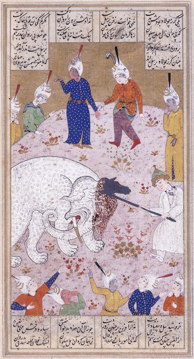 Den unge Rustem dræber den hvide elefant, ca. 1545 af Iranian School