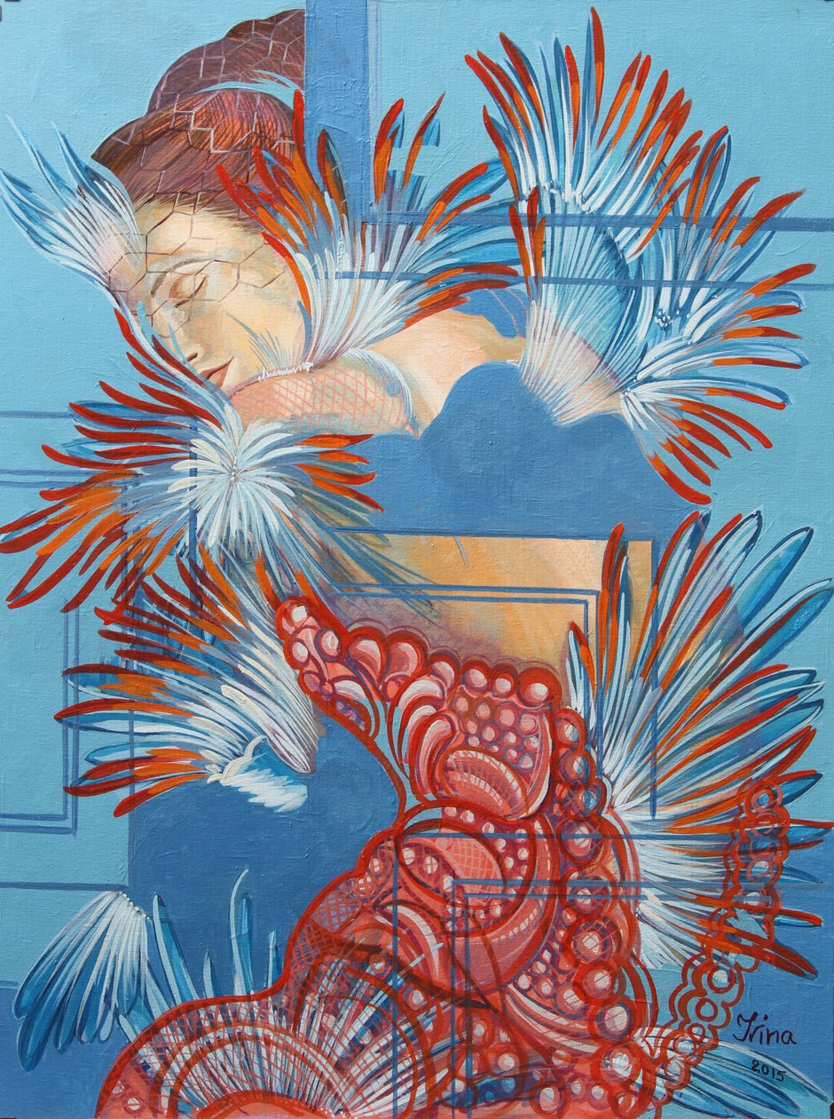 Rød kjole og chickadees, 2015 af Irina Corduban