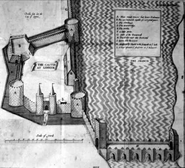Plan fra det 17. århundrede over Limerick Castle, Irland (gravering) af Irish School