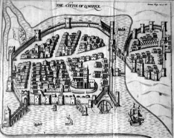 17. århundrede plan for byen Limerick, Irland (gravering) af Irish School
