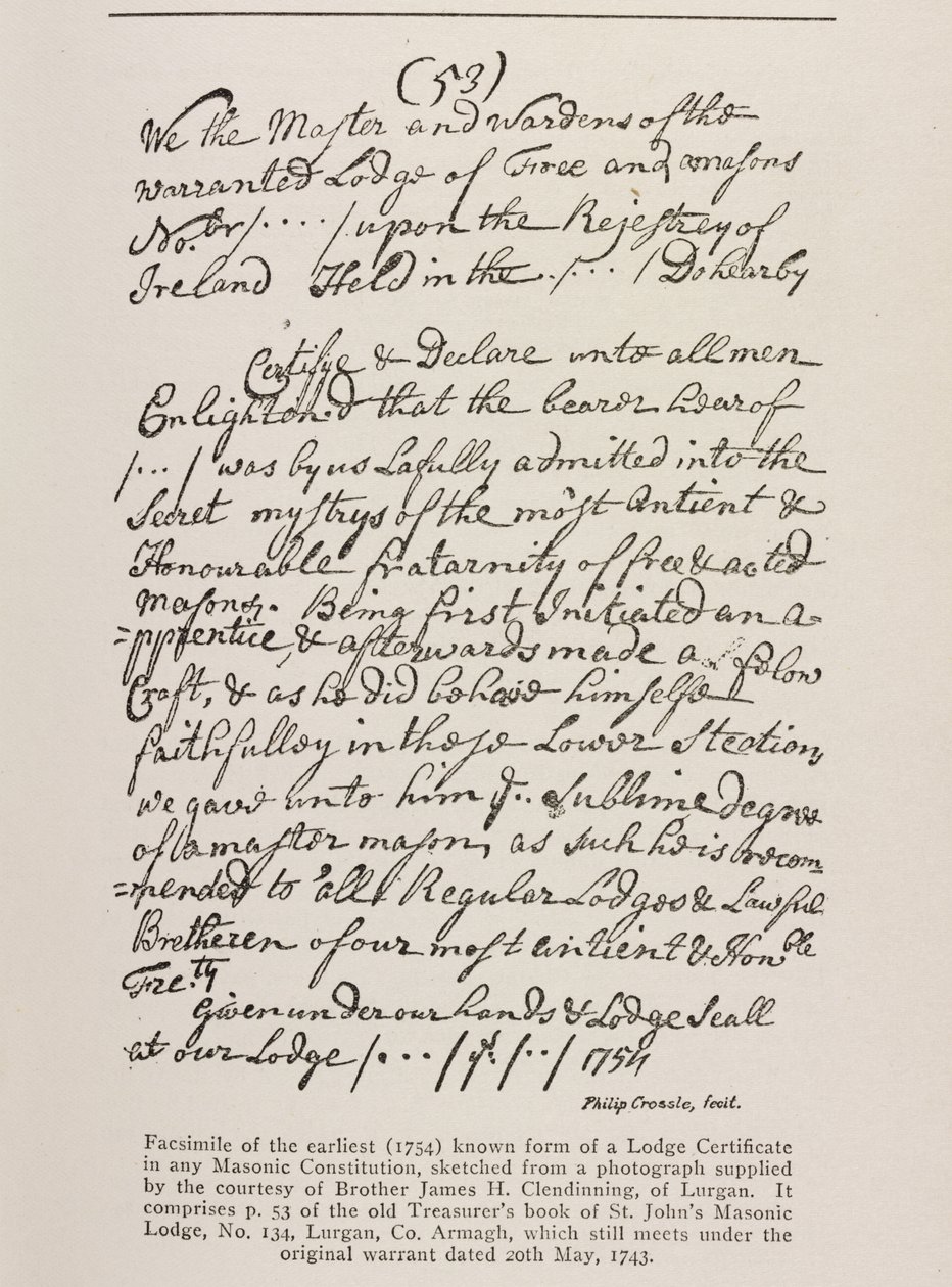 Tidligst kendte certifikat (irsk) med segl fra storlogen, 1762 af Irish School