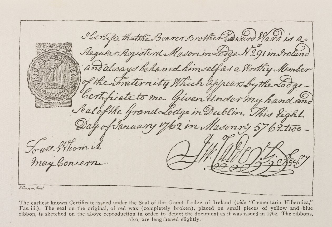 Faksimile af det tidligst kendte certifikat udstedt under Segl of the Grand Lodge of Ireland, dateret 1762 af Irish School