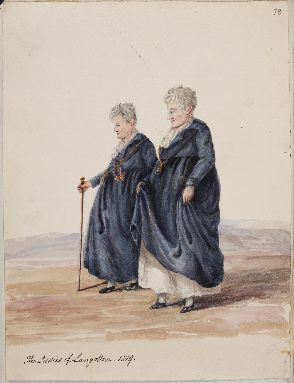 Lady Eleanor Butler og Miss Sarah Ponsonby, The ladies of Llangollen, ca. 1816 (tegning) af Irish School