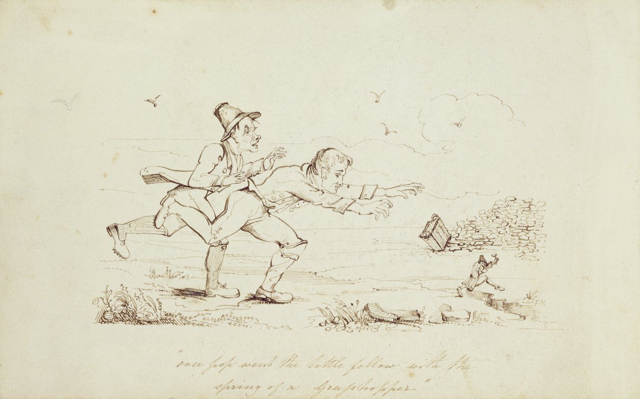 Over Pop Went the Little Fellow with the Spring of a Grasshopper, bogillustration, der viser Two Irishmen Chasing a Leprechaun, 1800-tallet (pen og blæk på papir) af Irish School