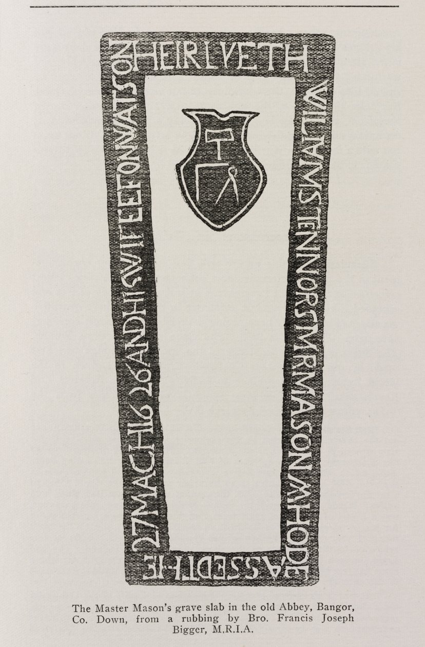 Tryk fra en Master Masons gravplade i den gamle Abbey, Bangor, Co. Down, dateret 1626 af Irish School