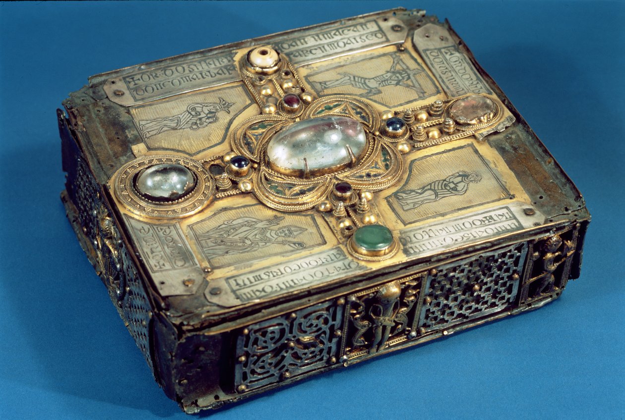 Shrine of the Stowe Missal, fra Lorrha, County Tipperary, 1026-33 (metal indlagt med halvædelsten) af Irish School