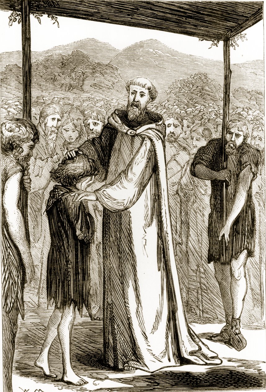 St. Columba velsigner en vild dreng, fra The Trias Thaumaturga, eller Three Wonder-Working Saints of Ireland, af Mary Cusack (1829-99) udgivet omkring 1890