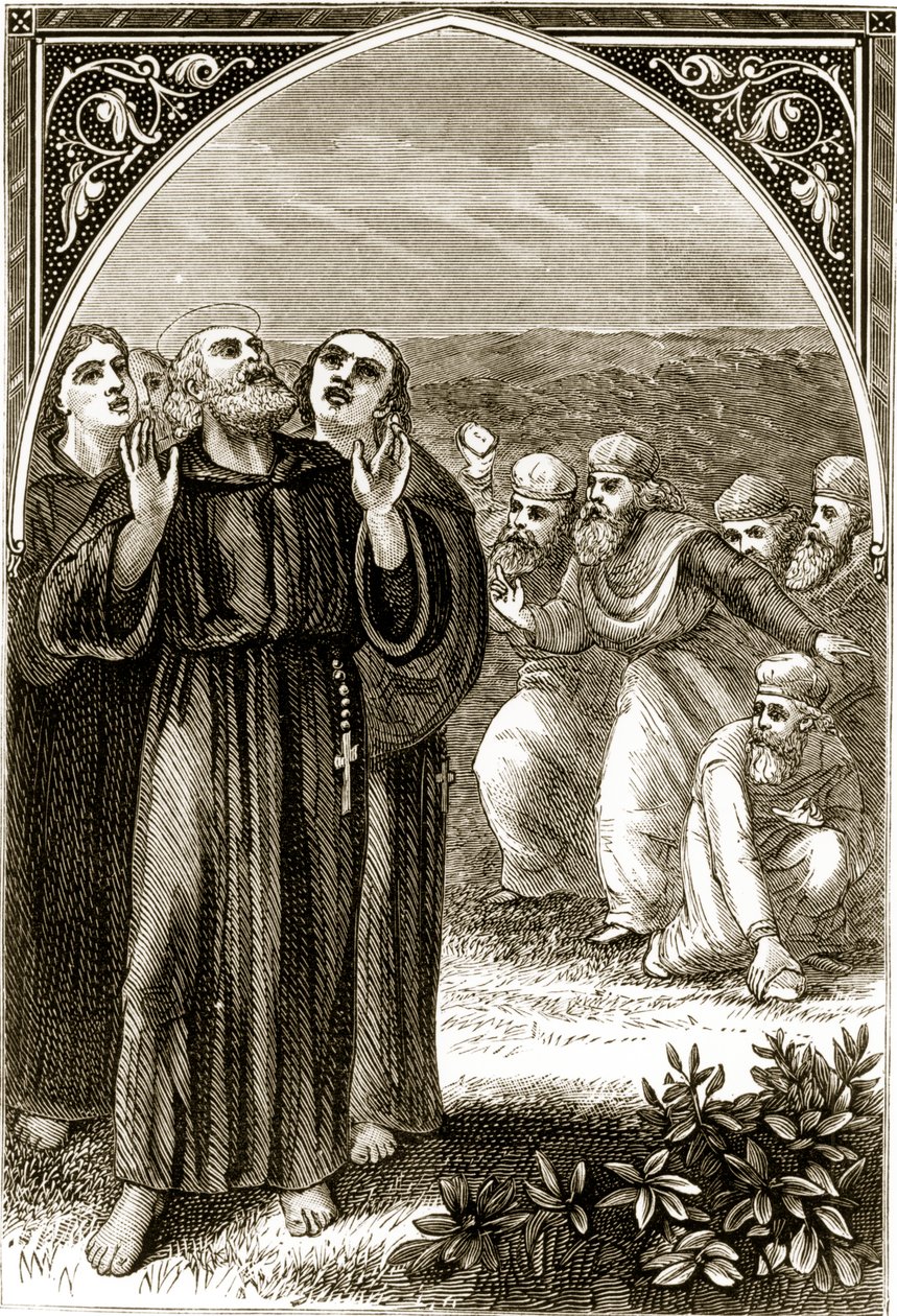 St. Columba sang og angrebet af druiderne, fra The Trias Thaumaturga, eller Three Wonder-Working Saints of Ireland, af Mary Cusack (1829-99) udgivet omkring 1890