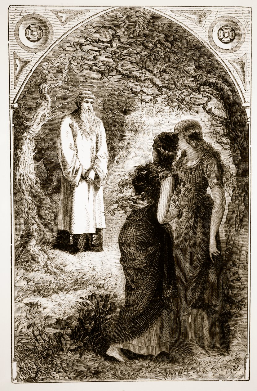 St. Patrick mødtes af jomfruer i skoven i Fochlut, fra The Trias Thaumaturga, eller Three Wonder-Working Saints of Ireland, af Mary Cusack (1829-99) udgivet omkring 1890