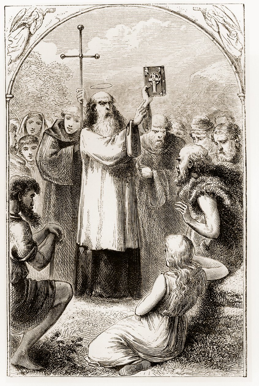 St. Patrick viser folket i Irland de fire evangelier, fra The Trias Thaumaturga, eller Three Wonder-Working Saints of Ireland, af Mary Cusack (1829-99) udgivet ca. 1890