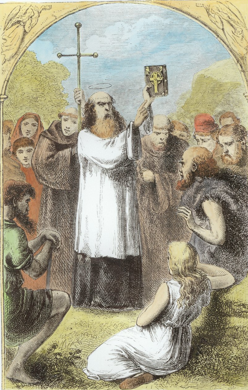 St. Patrick viser folket i Irland de fire evangelier, fra The Trias Thaumaturga, eller Three Wonder-Working Saints of Ireland, af Mary Cusack (1829-99) udgivet ca. 1890