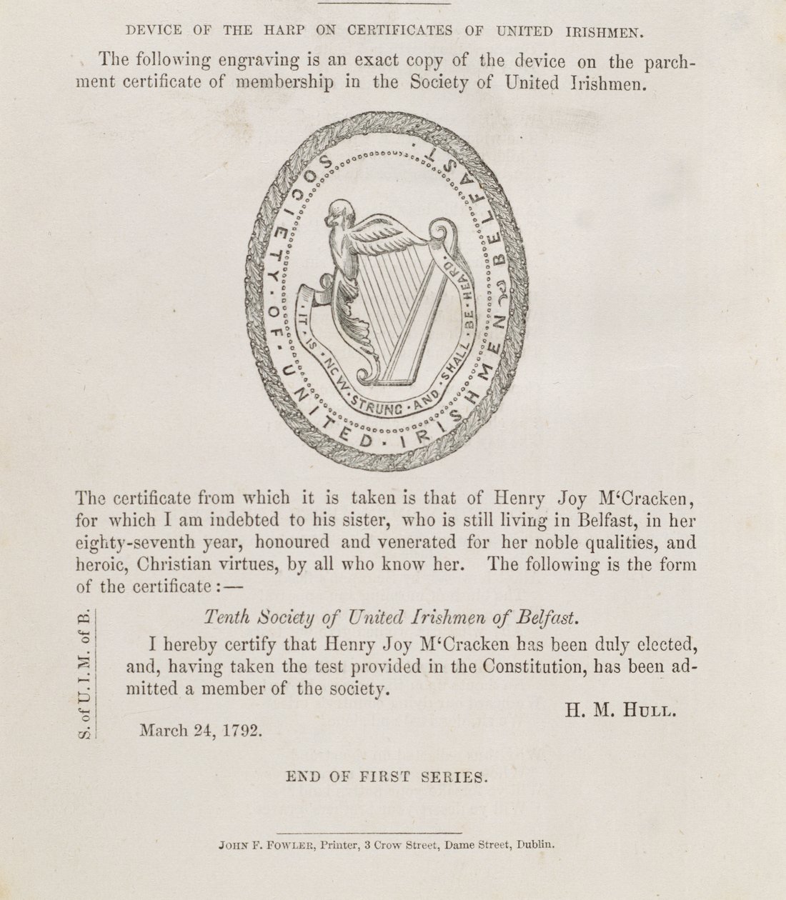 Seglet fra Society of United Irishmen of Belfast, ca. 1792 (gravering) af Irish School