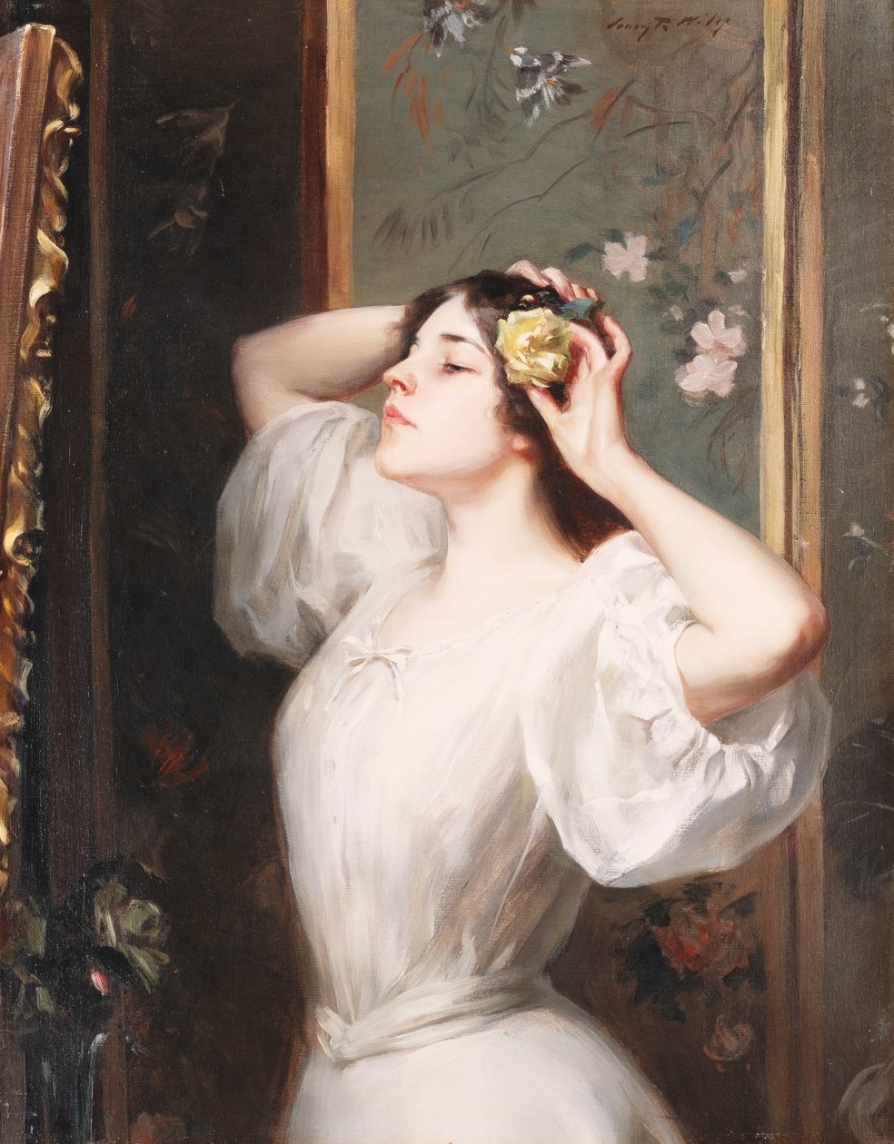 Den gule rose, ca. 1900 (olie på lærred) af Irving Ramsay Wiles