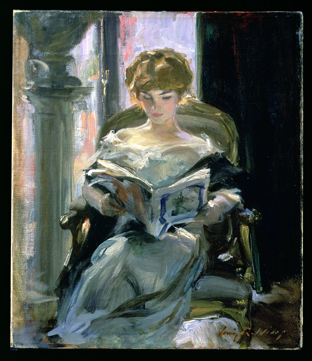 Kvinde læser (olie på lærred) af Irving Ramsay Wiles
