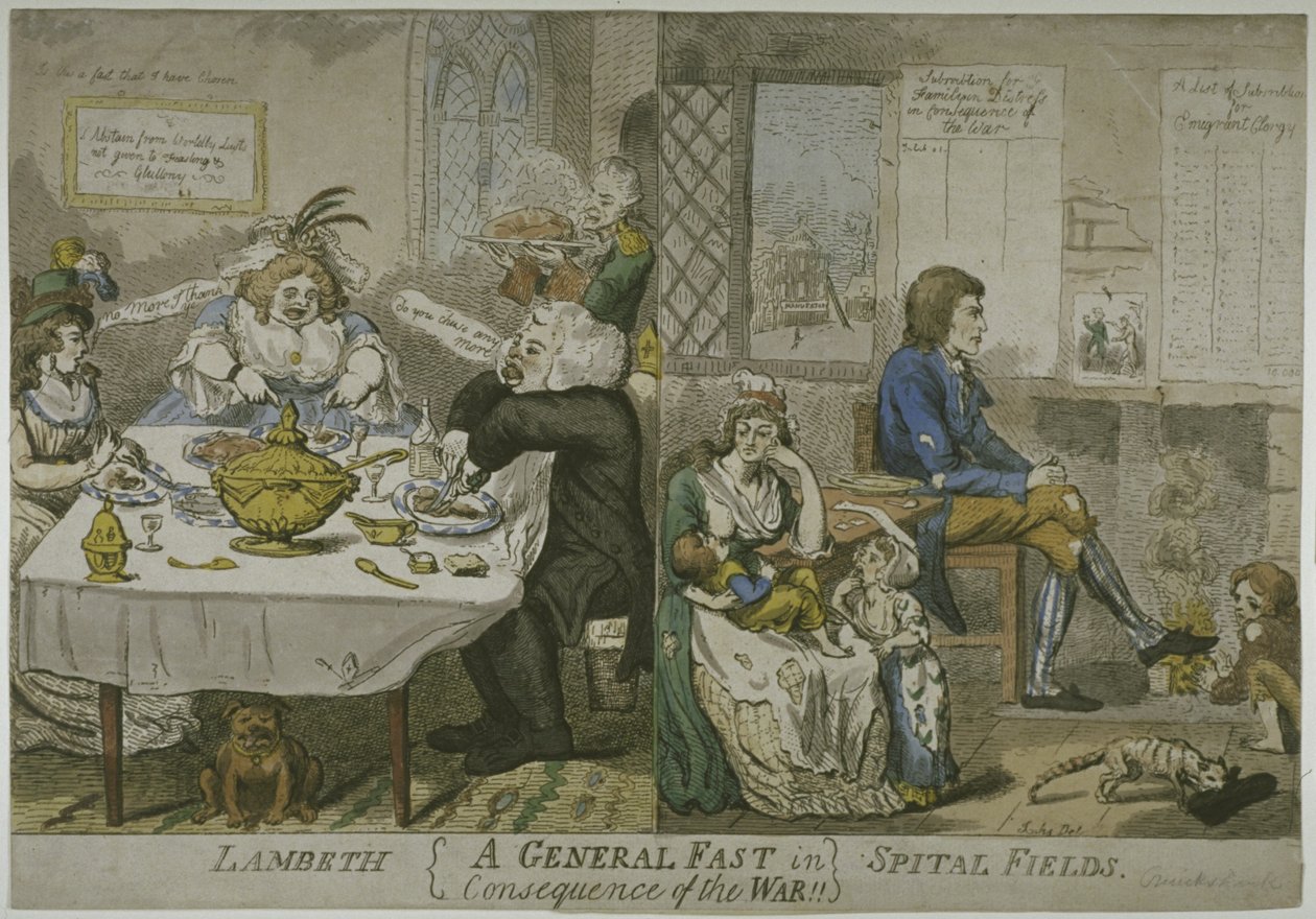 En generalfaste som følge af krigen!!..., ca. 1794 (farvet radering) af Isaac Cruikshank