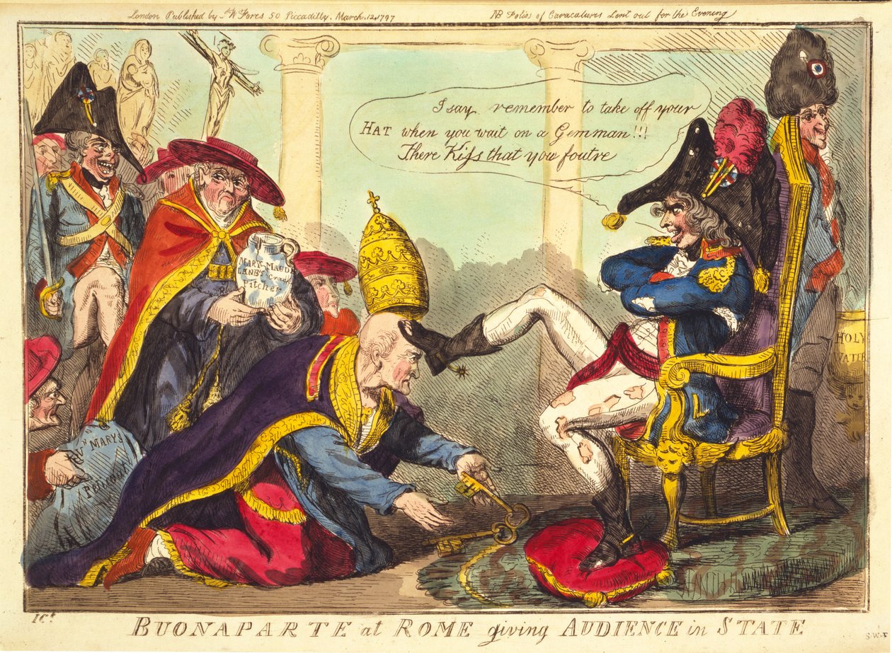 Buonaparte i Rom giver et publikum i staten, pub. 1797 (håndfarvet gravering) af Isaac Cruikshank