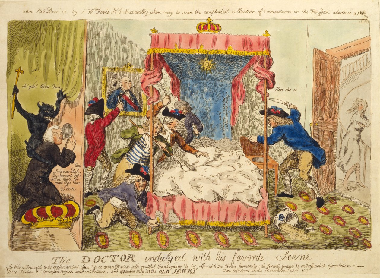 Doktoren hengav sig til sin yndlingsscene, 1790 (håndfarvet radering) af Isaac Cruikshank